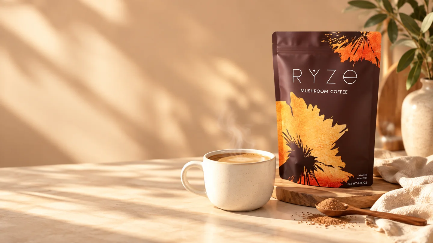 Illustrative RYZE Mushroom Coffee pouch alongside a steaming cup of coffee